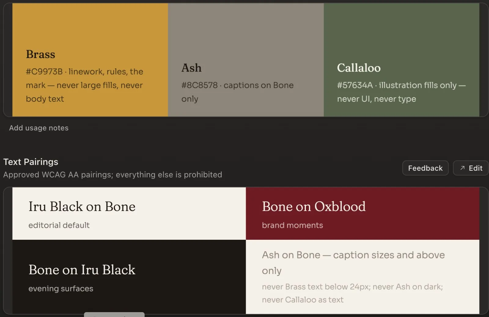 Accent palette and approved text pairings, every color named in words and hex.