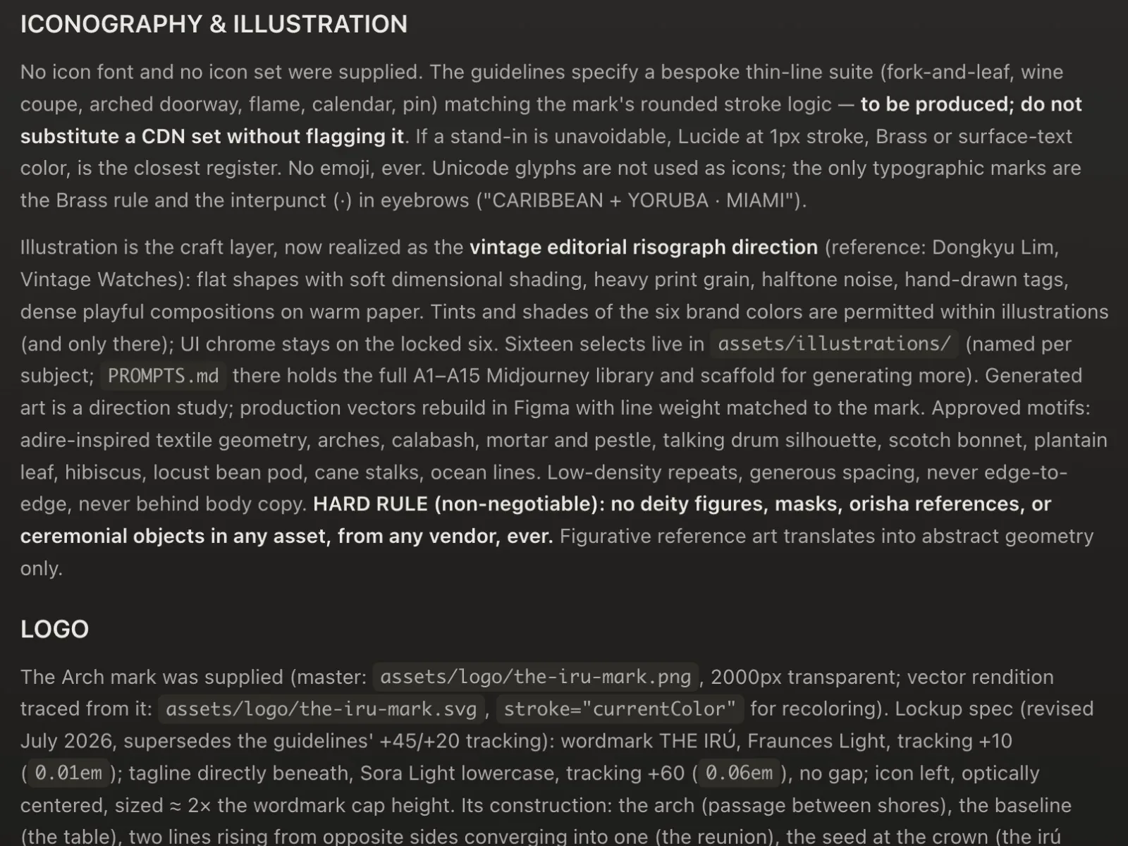 Iconography and illustration rules, including the non-negotiable hard rule on cultural imagery.