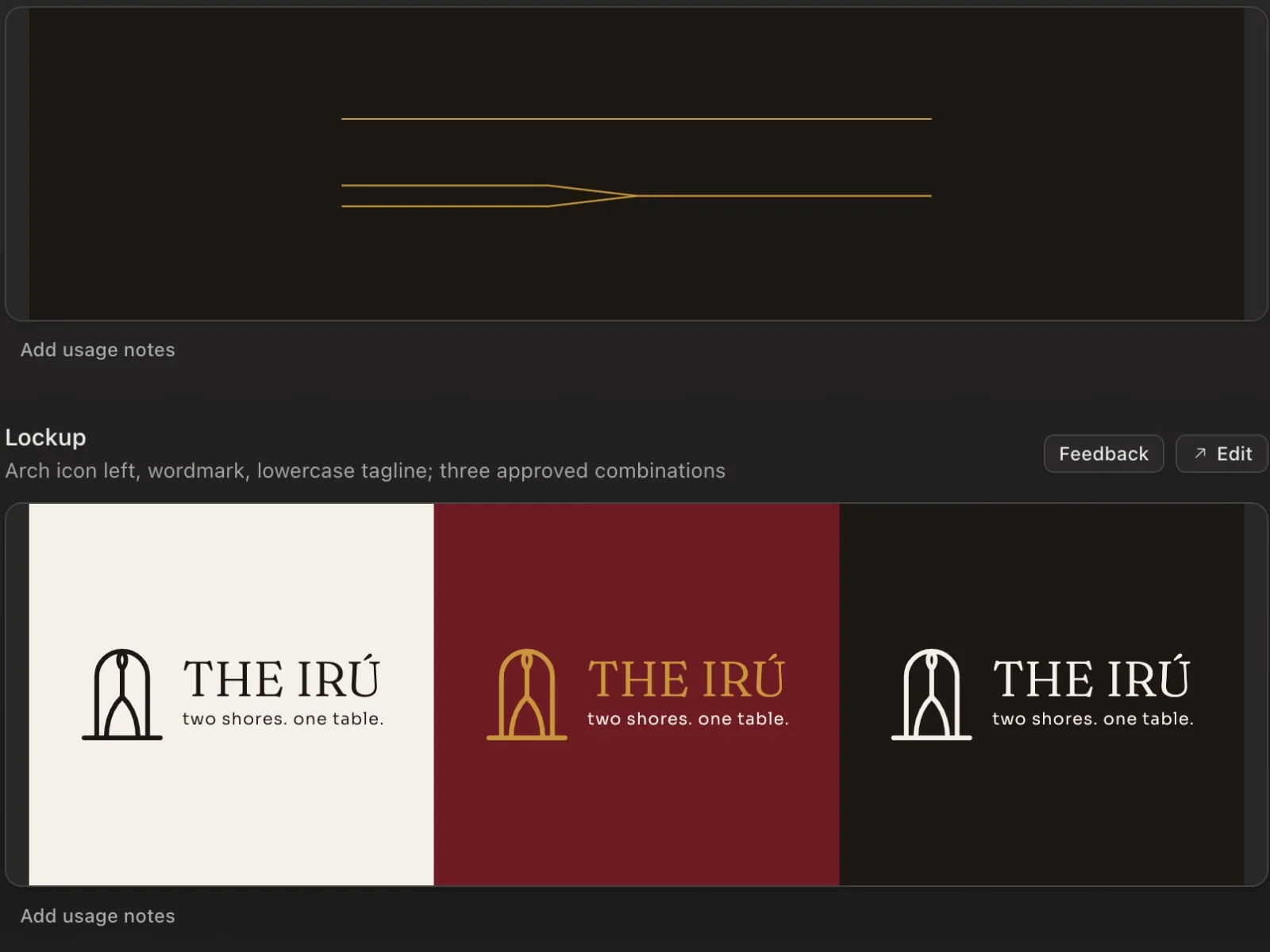 Dividers and the three approved lockup combinations: Bone, Oxblood and Iru Black.