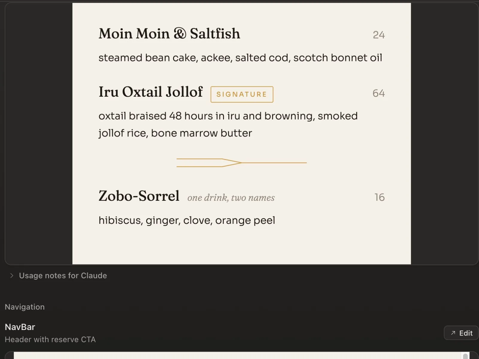 Components generated from the system: the menu block and the navbar in both surfaces.