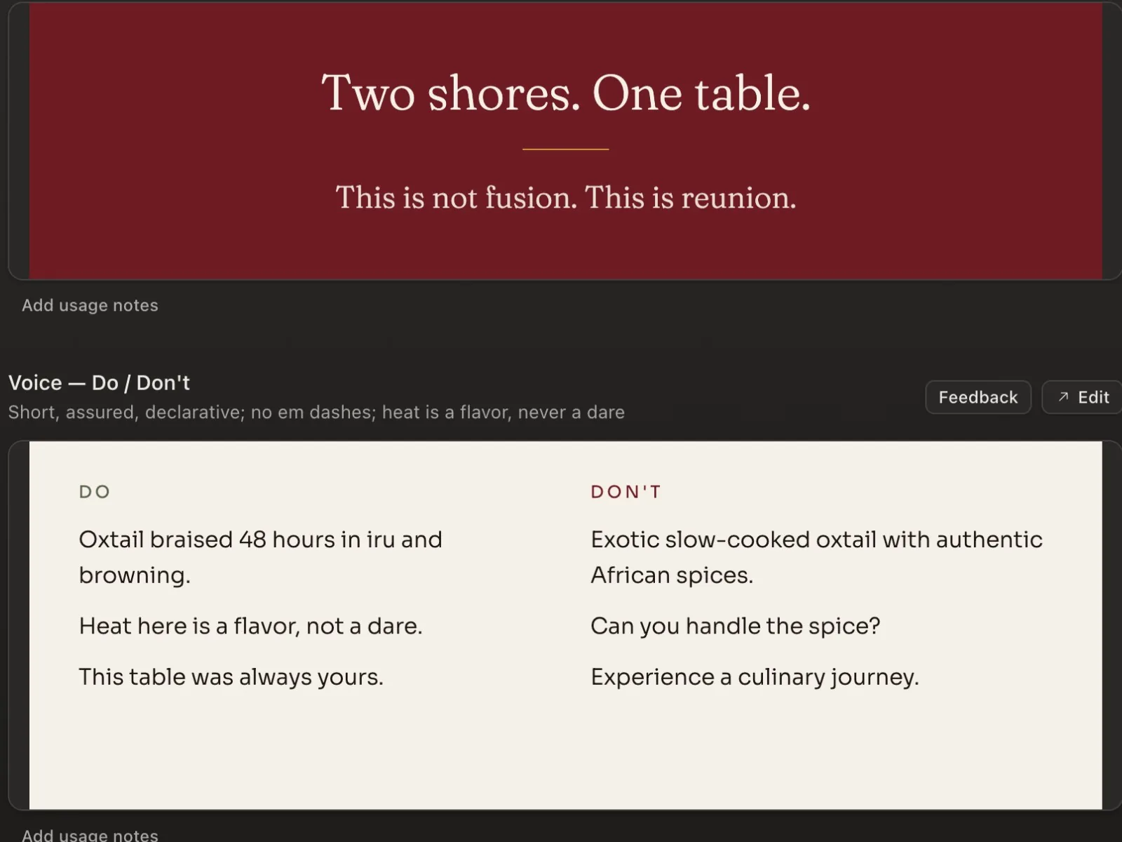 Signature lines and voice rules. "This is not fusion. This is reunion." came straight out of the research findings.