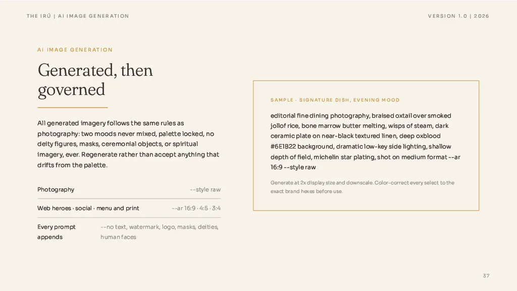 The AI image generation page: the sample prompt, aspect ratios and the suffix every prompt appends.
