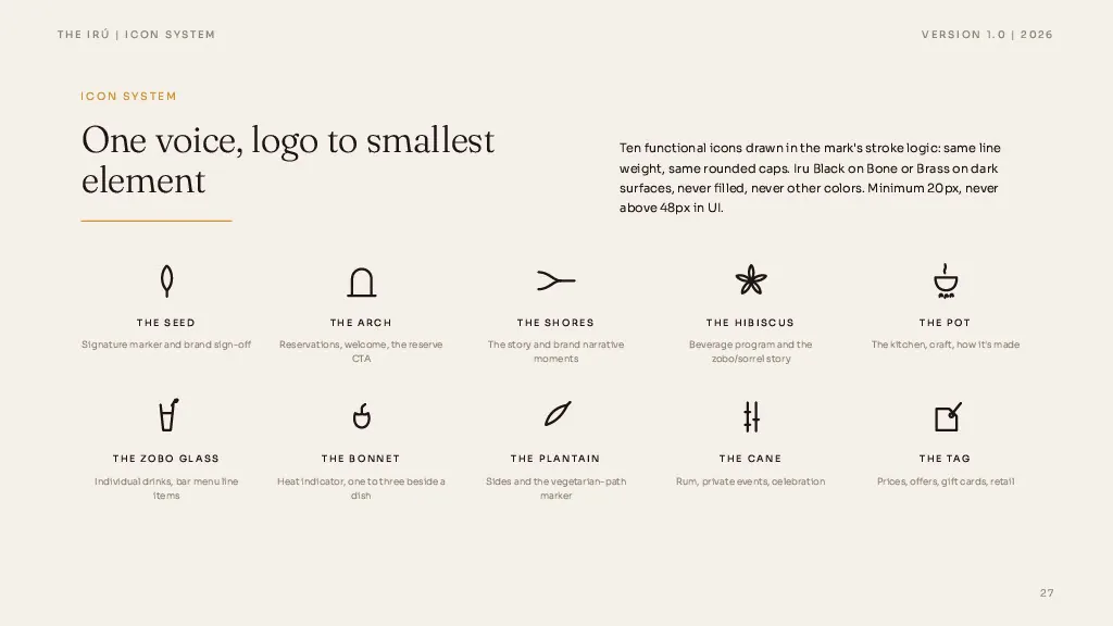 Ten functional icons drawn in the mark's stroke logic: the seed, the arch, the shores, the hibiscus, the pot.