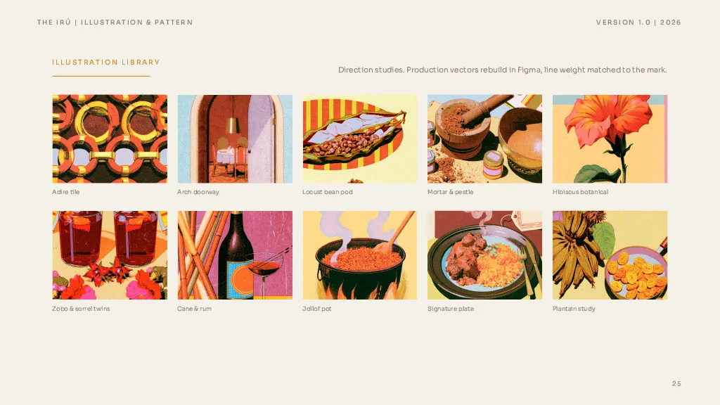 The illustration library. Direction studies for adire tile, arch doorway, locust bean pod, jollof pot and more.