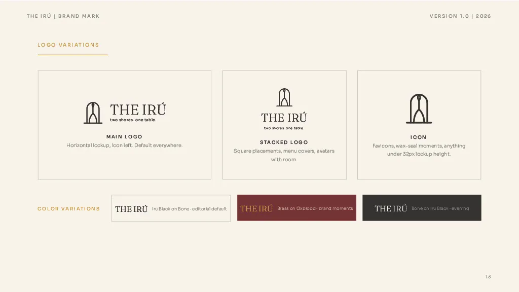 Main, stacked and icon-only lockups with the three approved color combinations.