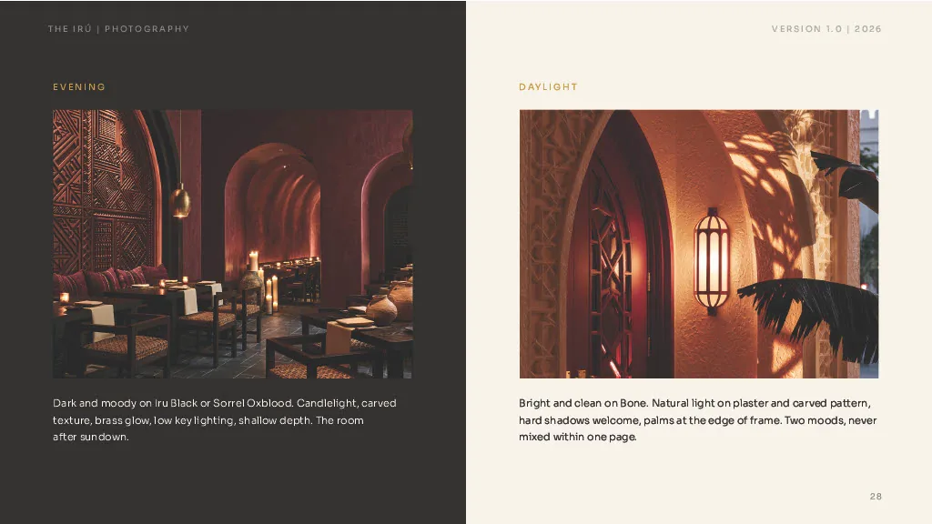 Two photography moods, evening and daylight, never mixed on one page.