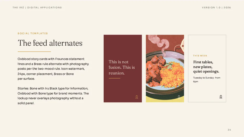 Design direction applied: Oxblood story cards alternating with photography posts on the feed.