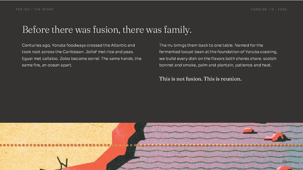 The Story page. Two columns of copy, an illustration band, and the line the whole brand hangs from.