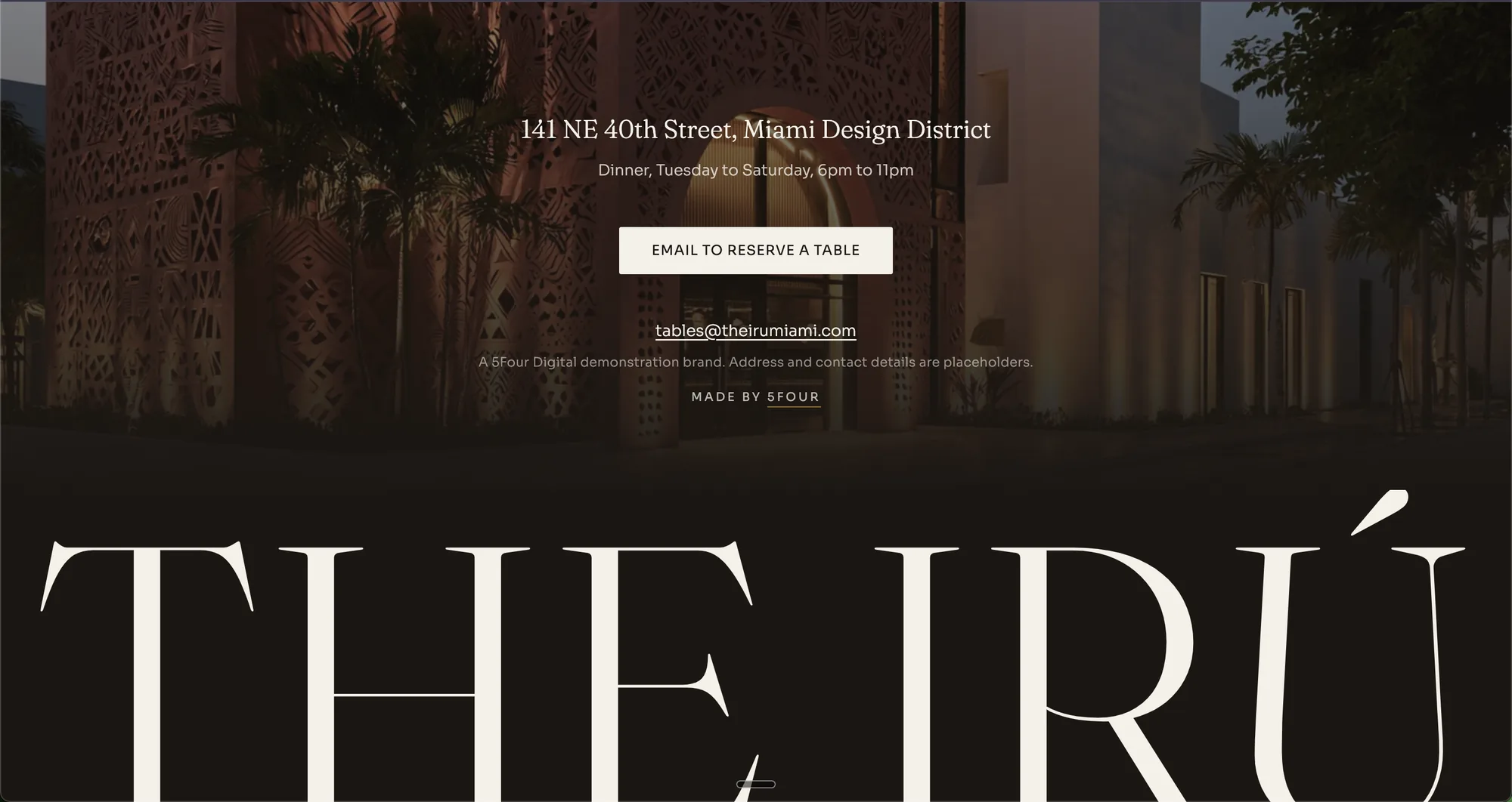Find Us and the footer. The demonstration-brand disclaimer stays, and the oversized wordmark closes the page.