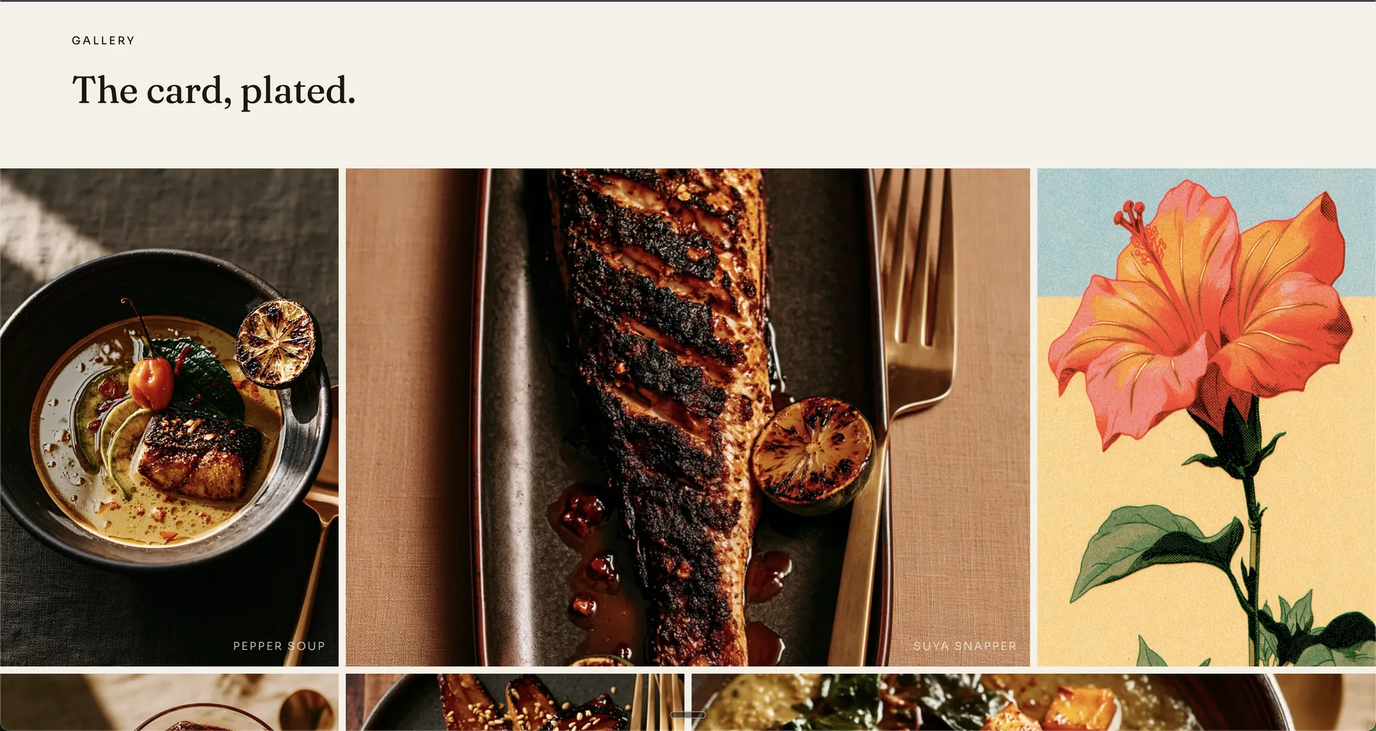 The gallery section. Every dish photo came from one prompt with one bracket swapped, so the whole grid reads as the same kitchen.