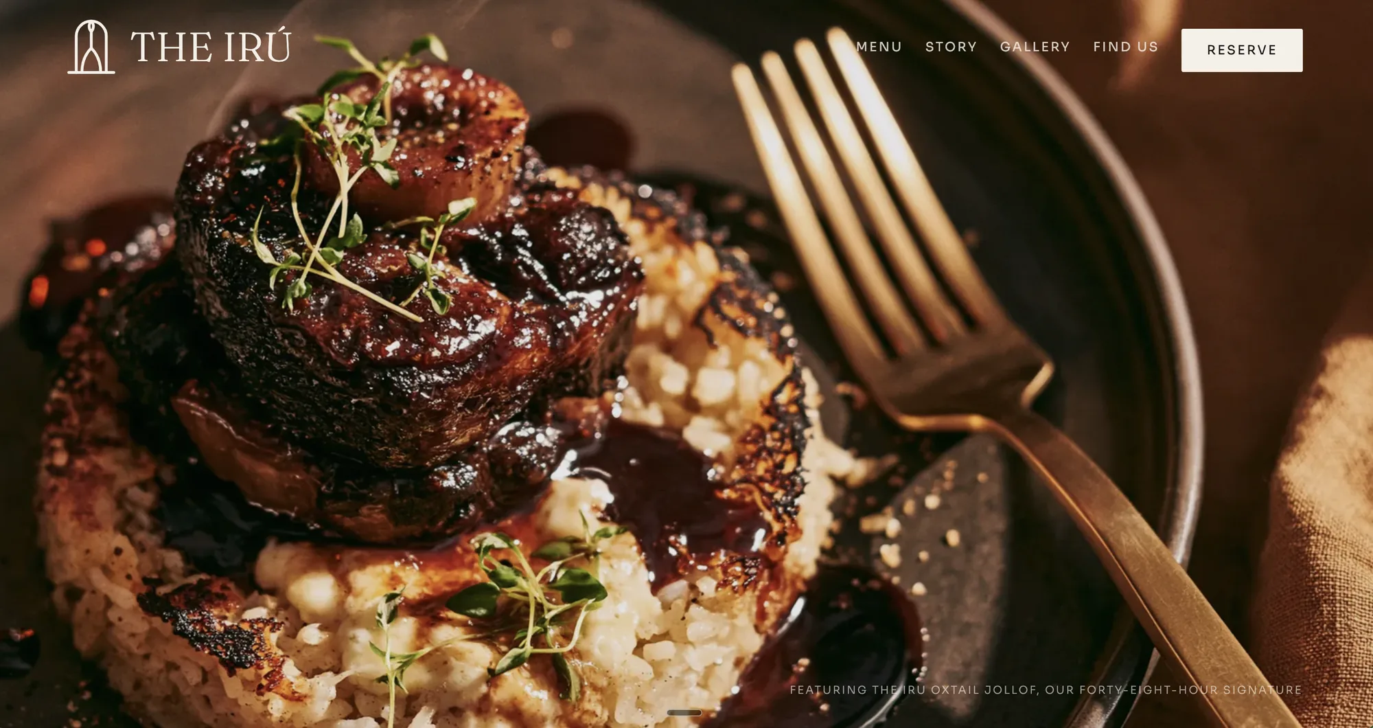 The live hero: full-bleed oxtail jollof, transparent nav, logo at 2x, reserve button top right.