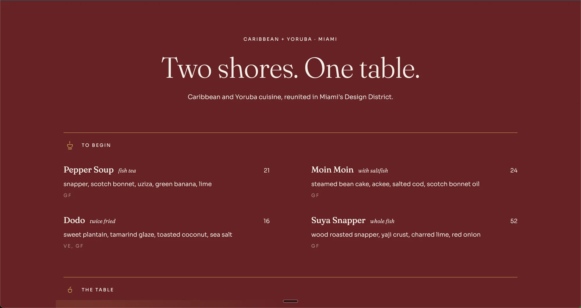 The menu block on Oxblood, per the spec the brand doc never had: section order, dish name leads, one-line descriptions, prices in Ash.