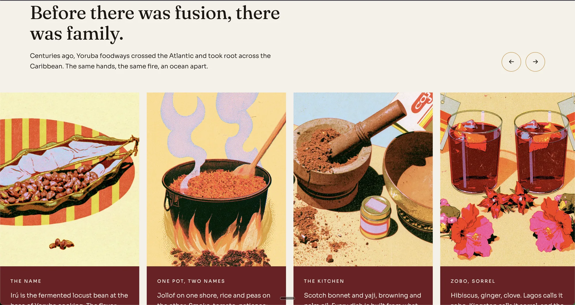 The Story section: illustration cards with Oxblood captions, rebuilt from the screenshot reference with hard edges.
